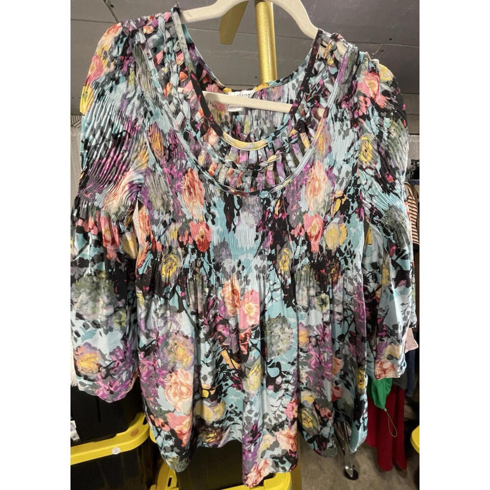 Allison Taylor Floral Lattice Bell Sleeve Crinkle Top Women's Sz S Boho Peasant